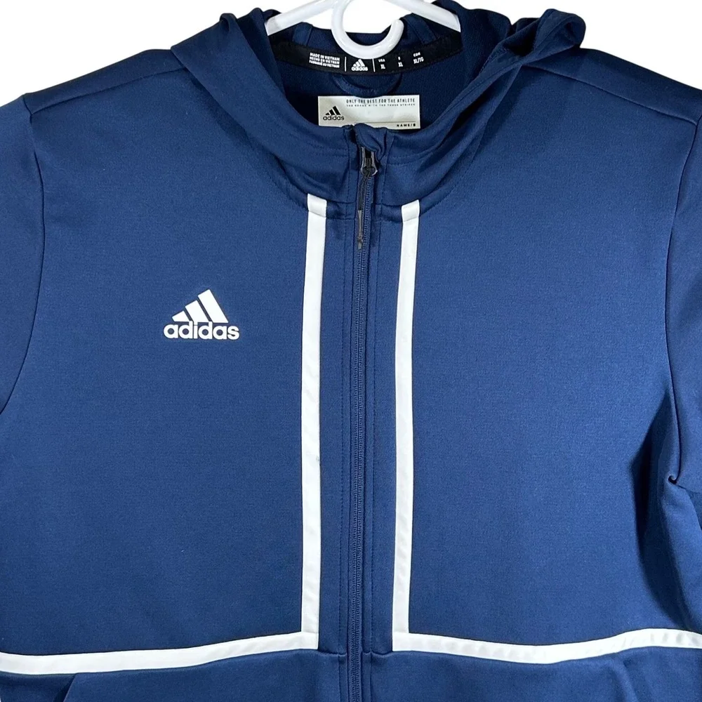 Adidas Mens XL Navy Blue Full Zip Hooded Track Jacket White Piping Athletic EUC